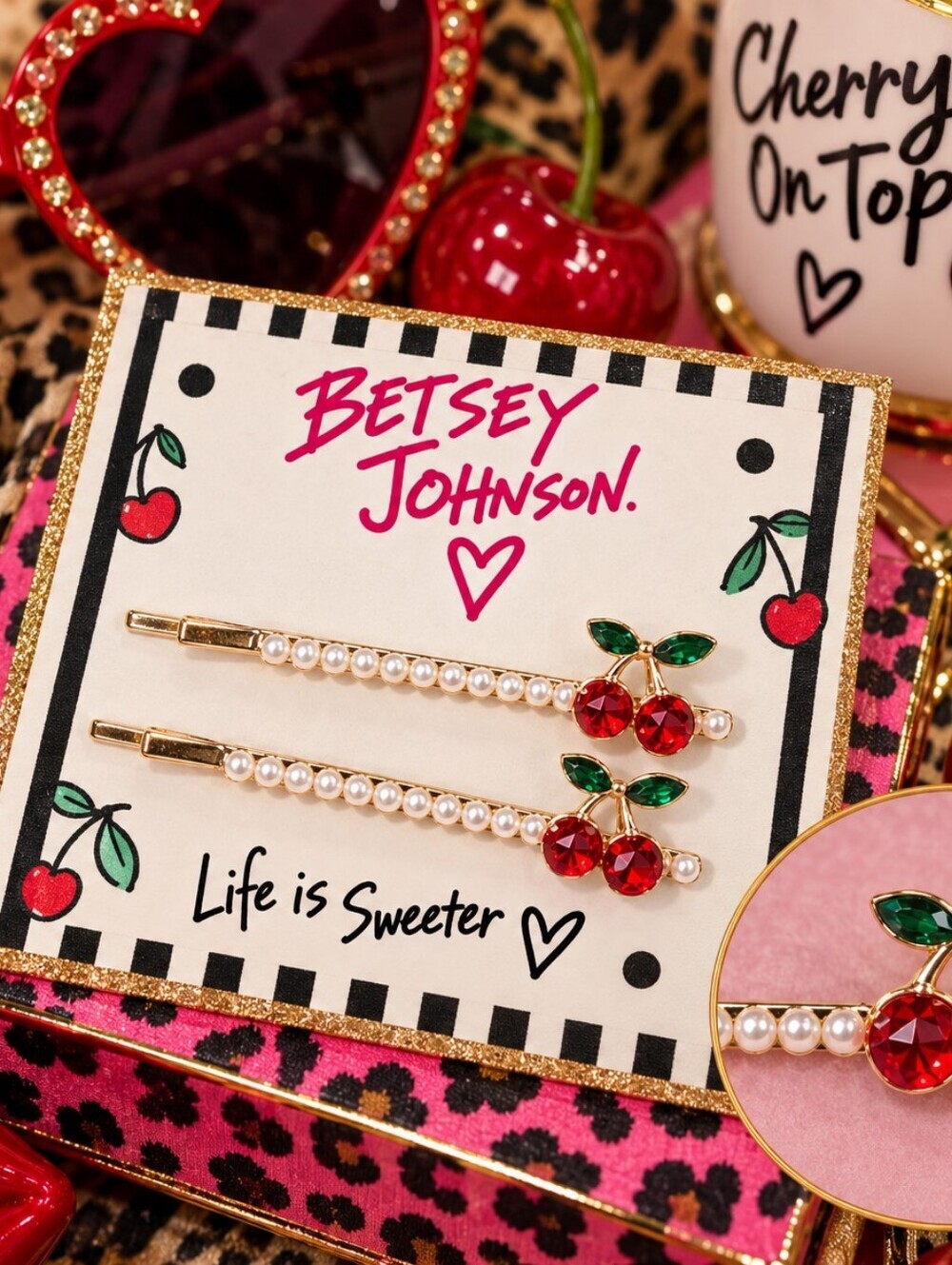 BETSEY JOHNSON PEARL CHERRY HAIR PIN SET